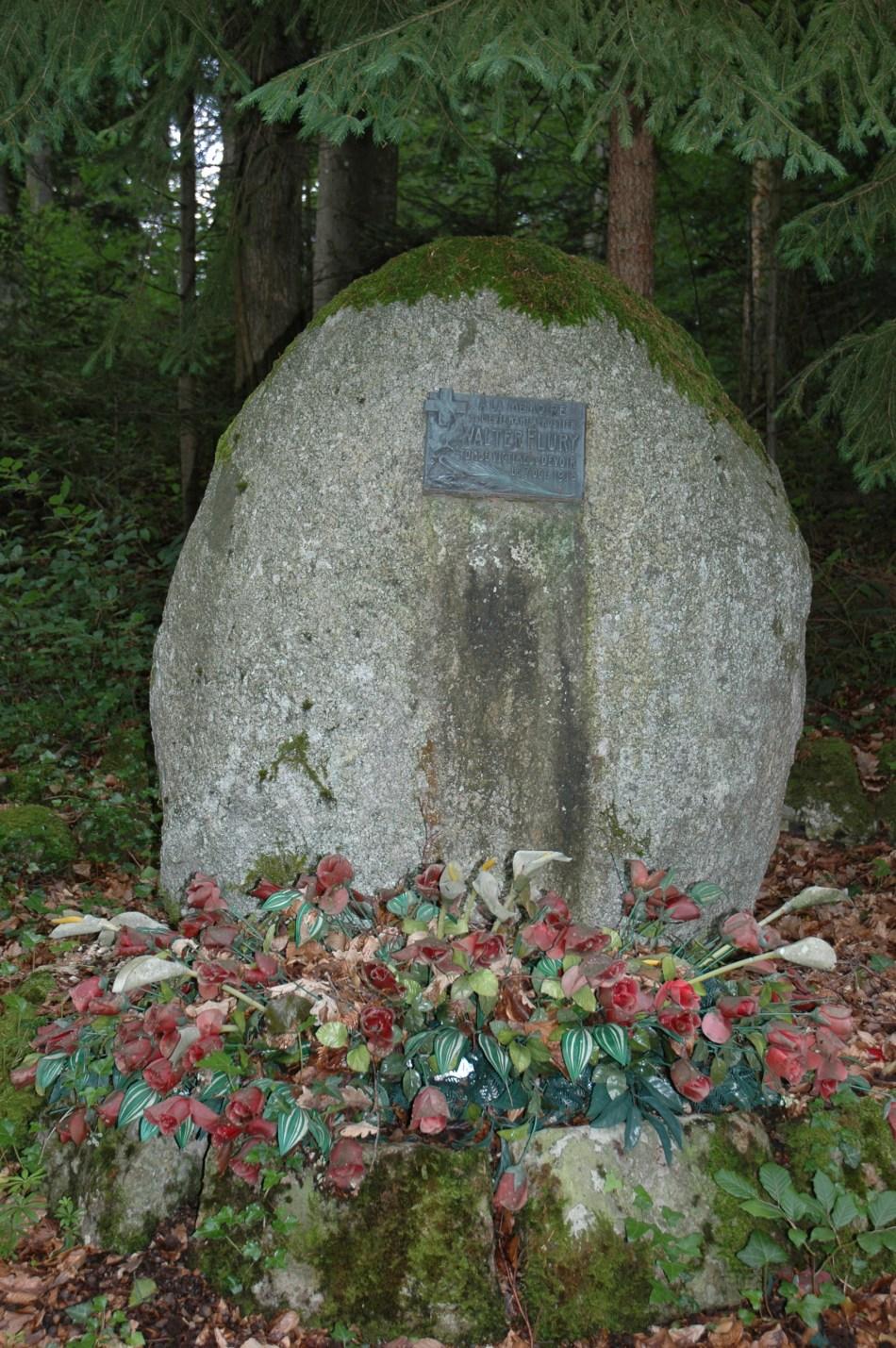Grosse pierre avec une plaque en forêt.
