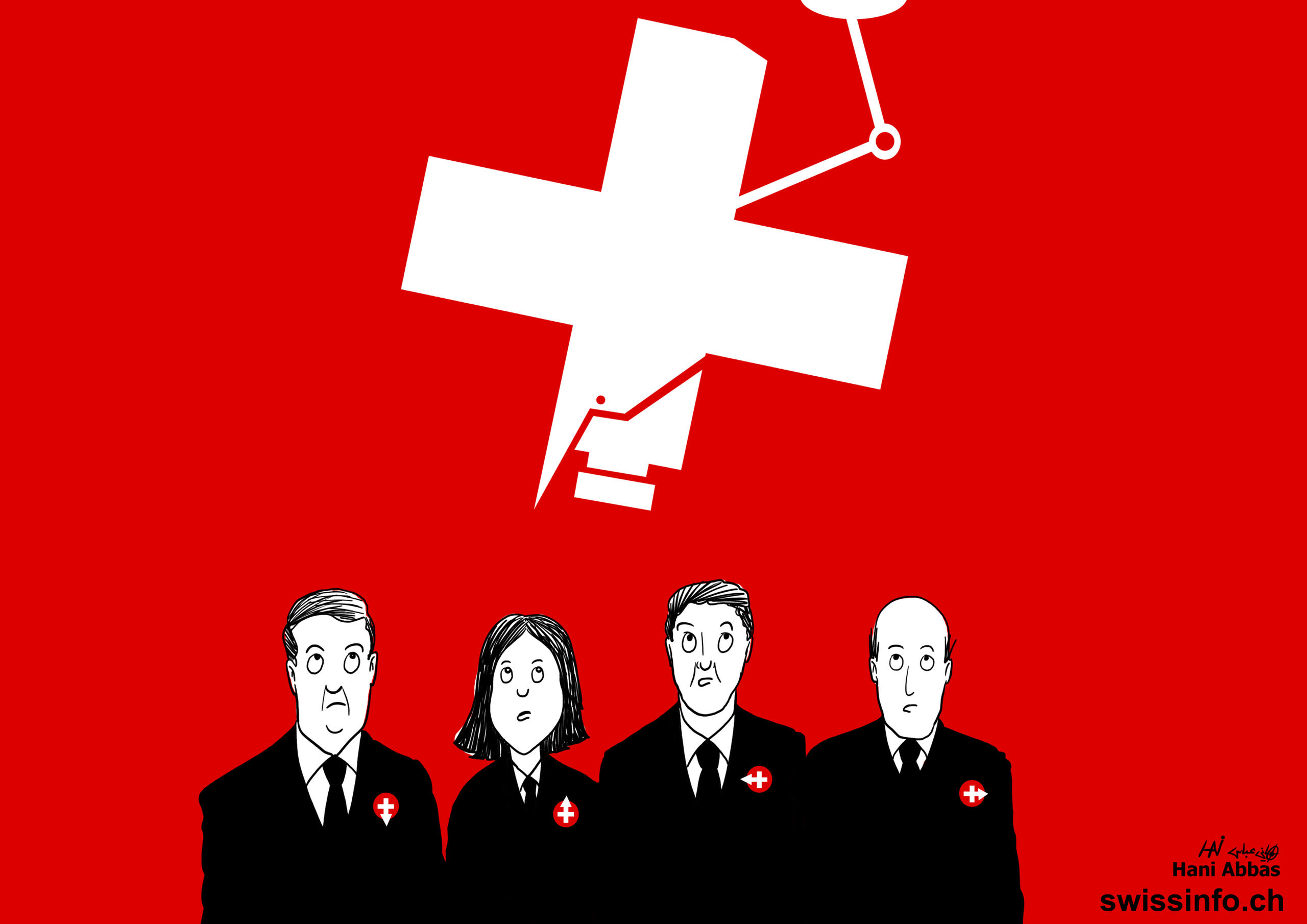 صورة فيها خمسة أشخاص وفوقهم كمرة مراقبة على شكل العلم السويسري
