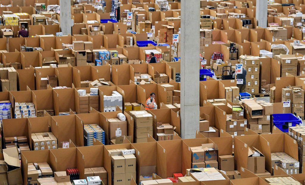 A view inside a giant storehouse of the Amazon Logistic Center in Rheinberg, Germany