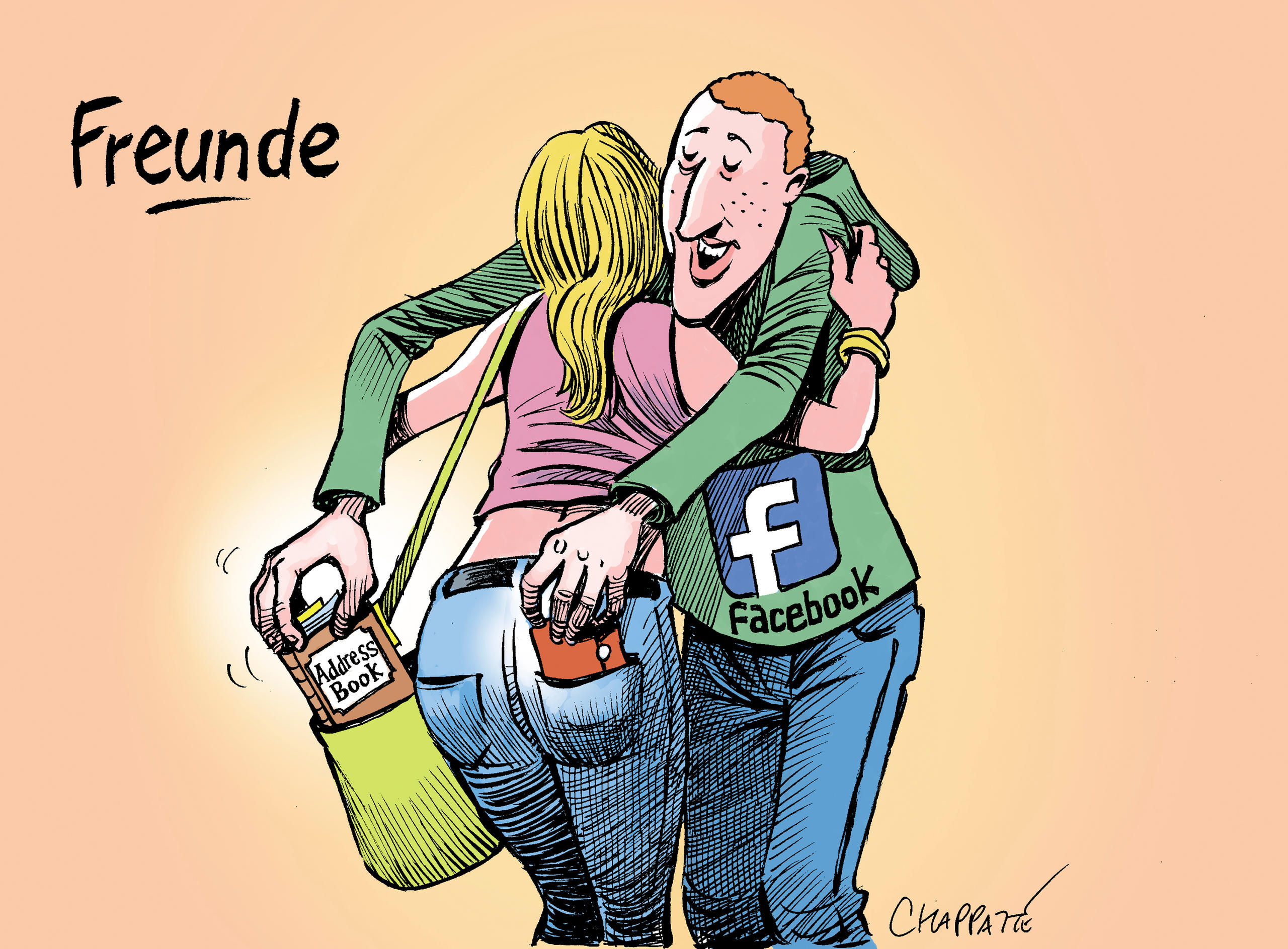 A man and woman hug with facebook sticker on jacket