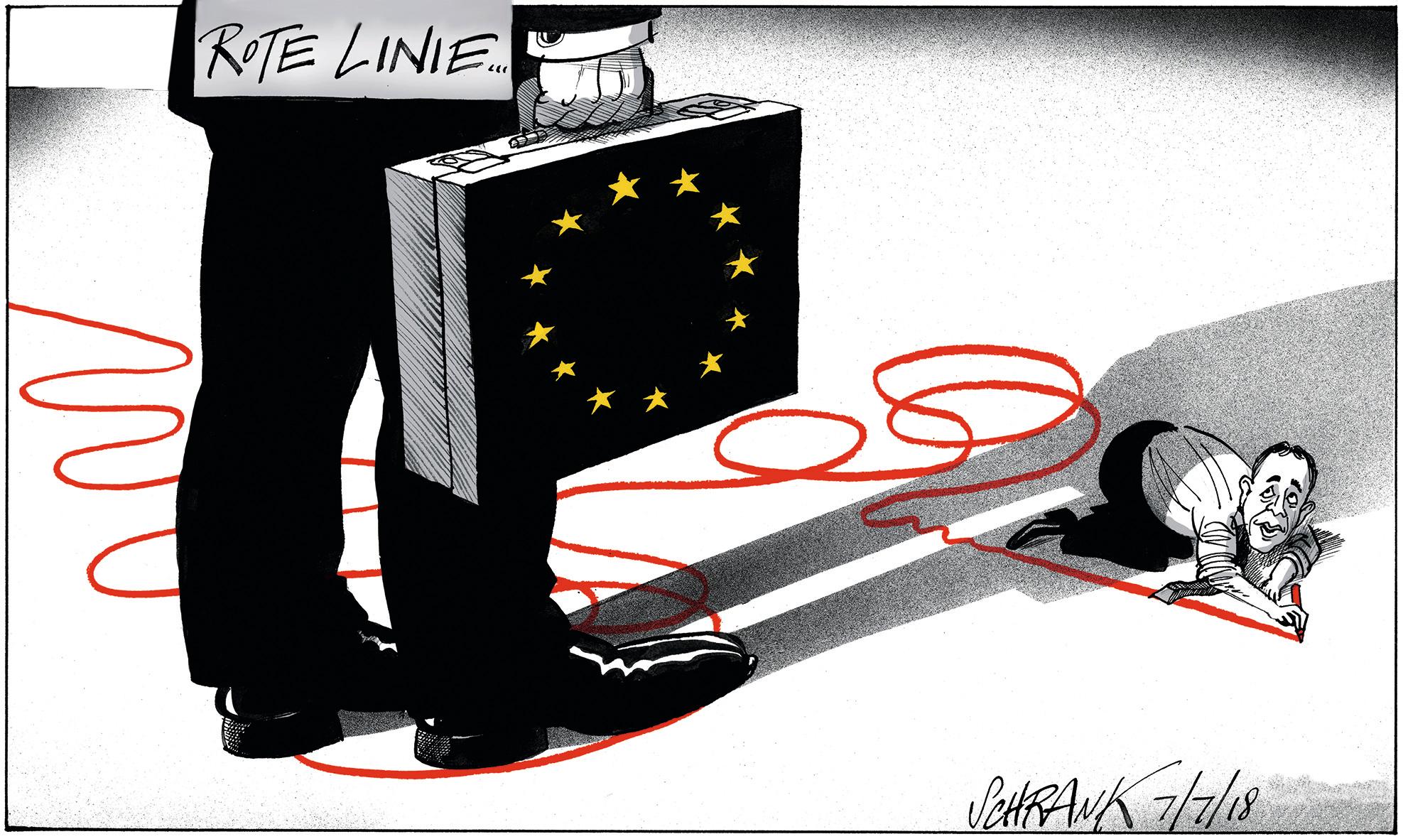 Geschäftsmann mit Aktenkoffer und EU Symbol, kleines Männchen zeichnet rote Linie am Boden