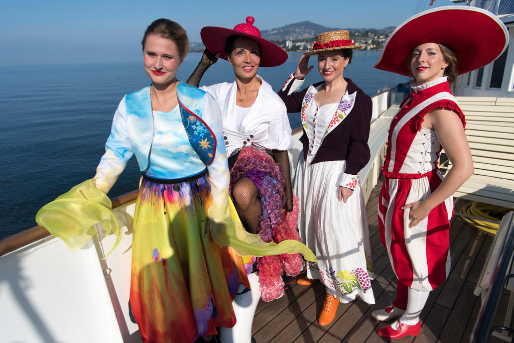 Ladies in costume on boat
