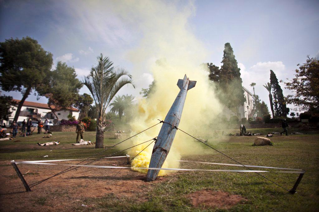 Smoke coming out of mock rocket during a chemical weapons exercise conducted in Israel