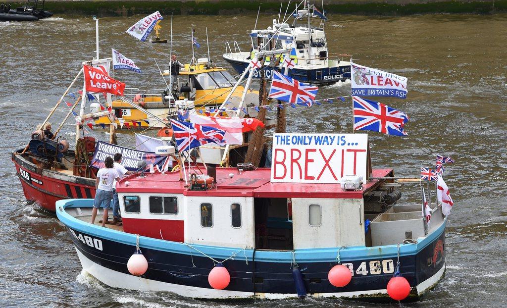 Aktivisten werben auf Schiffen auf der Londoner Themse für den Brexit