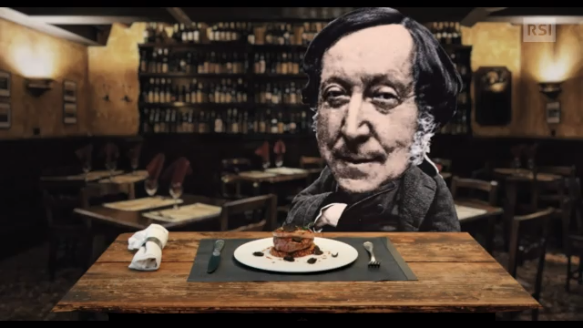 Figura di Rossini montata (stile collage) di fronte al tavolo di un osteria, sul quale è stato servito un tournedos