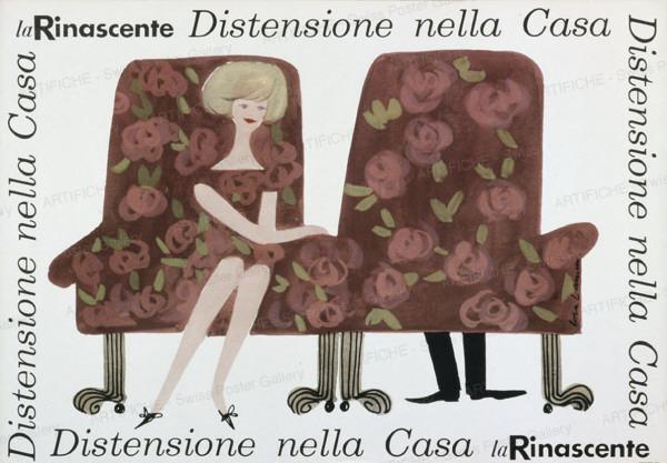 Werbeplakat mit einer Frau, die auf einem Sessel sitzt