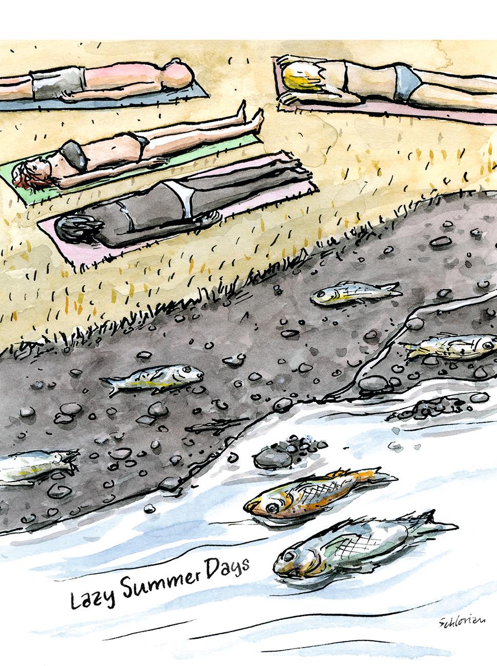 Hitzesommer: Sonnenbadende neben ausgetrocknetem Fluss mit toten Fischen