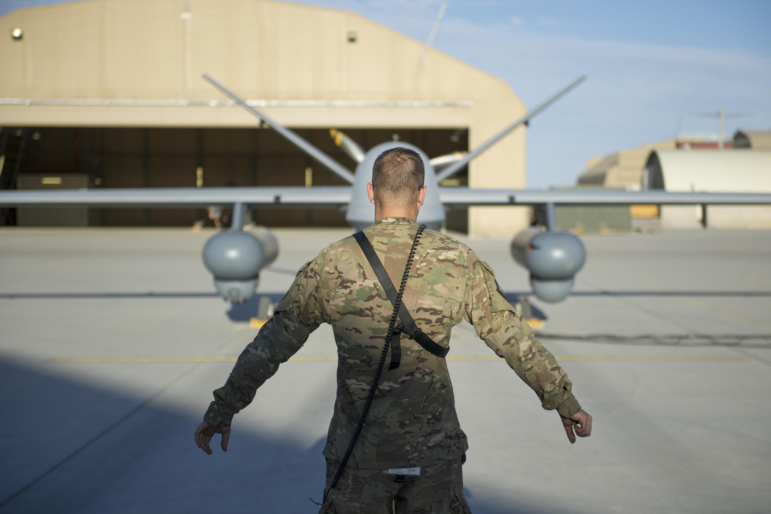 An MQ-9 Reaper drone equipped with Gorgon surveillance pods  before a sortie in Afghanistan in 2015.