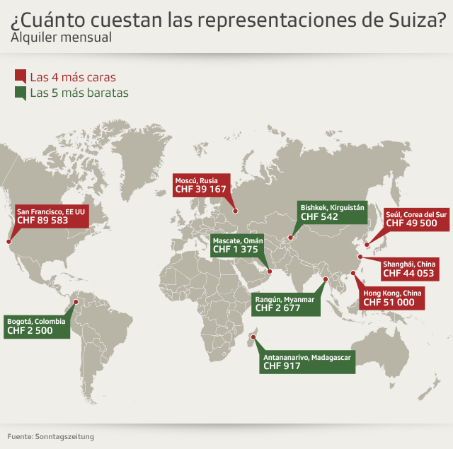 Mapa ¿Cuánto cuesta el alquiler de las embajadas suizas?