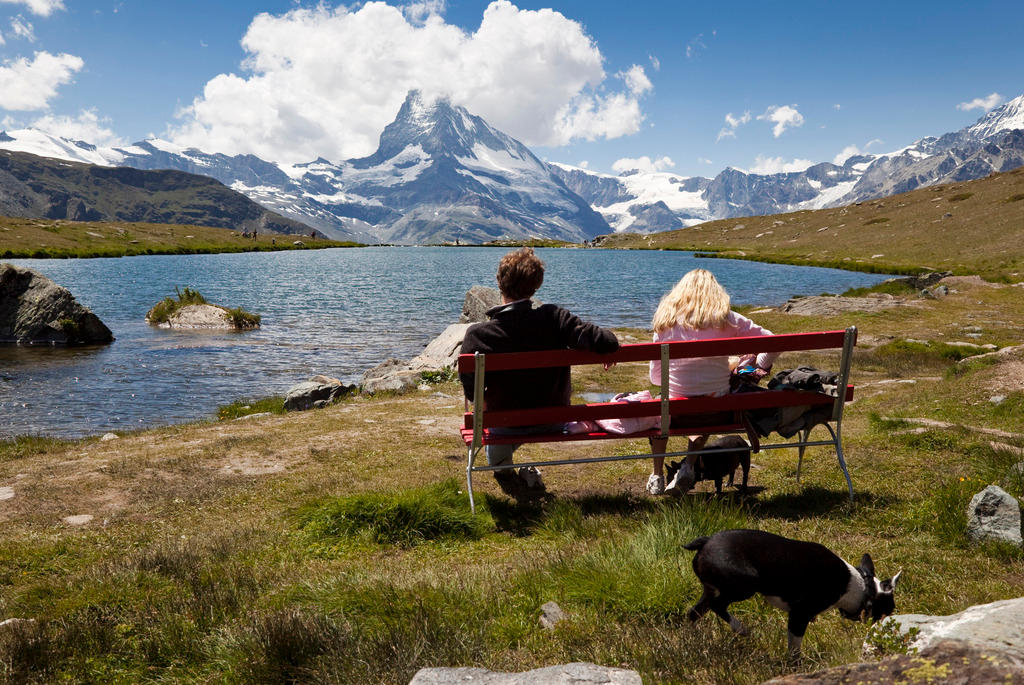 Una pareja sentada en una banca observa un idílico paisaje con los Alpes de fondo