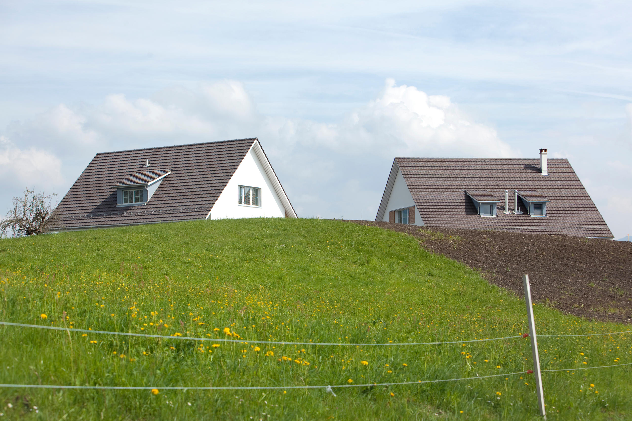 Une colline avec de l herbe verte, et au fond les toits de deux maisons qui dépassent