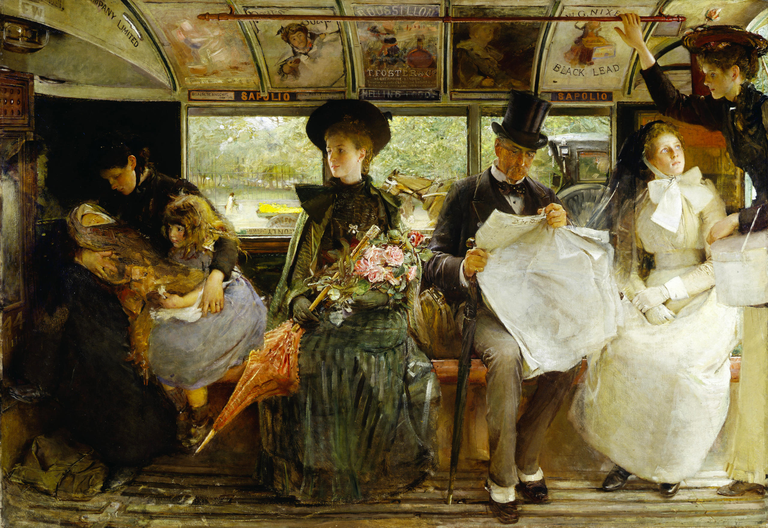 Pintura de pasajeros de un transporte antiguo