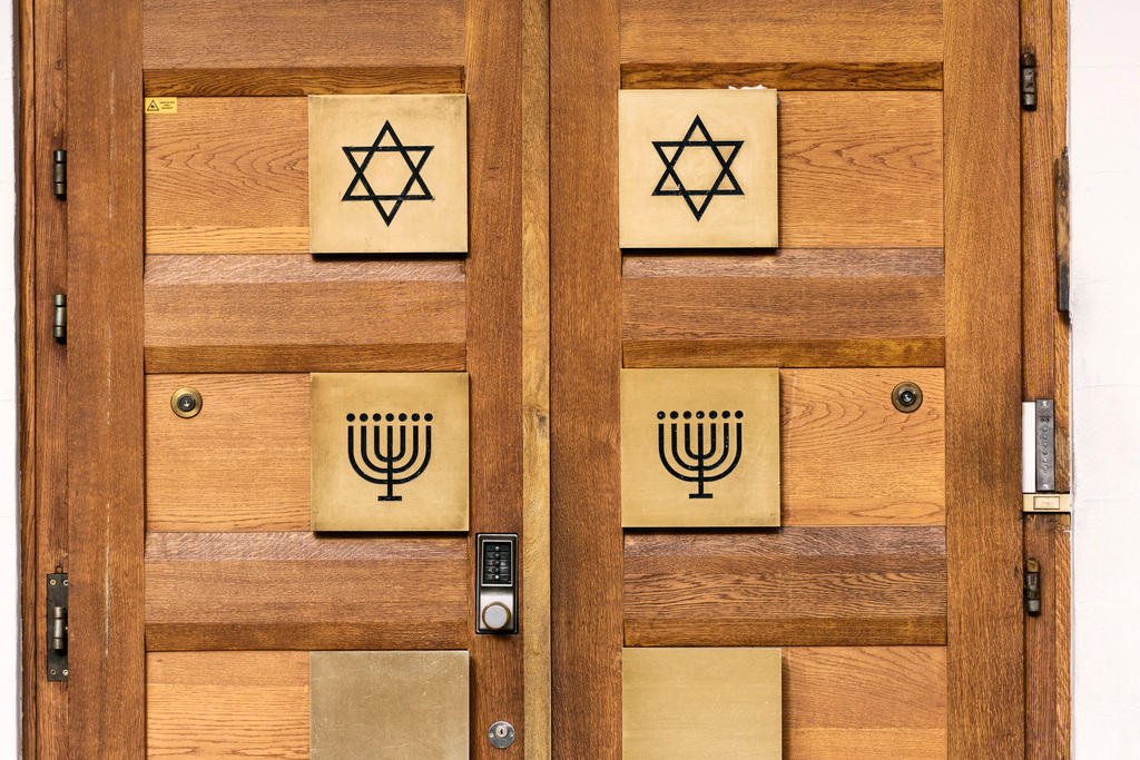 Jewish religious symbols on a door to a synagogue