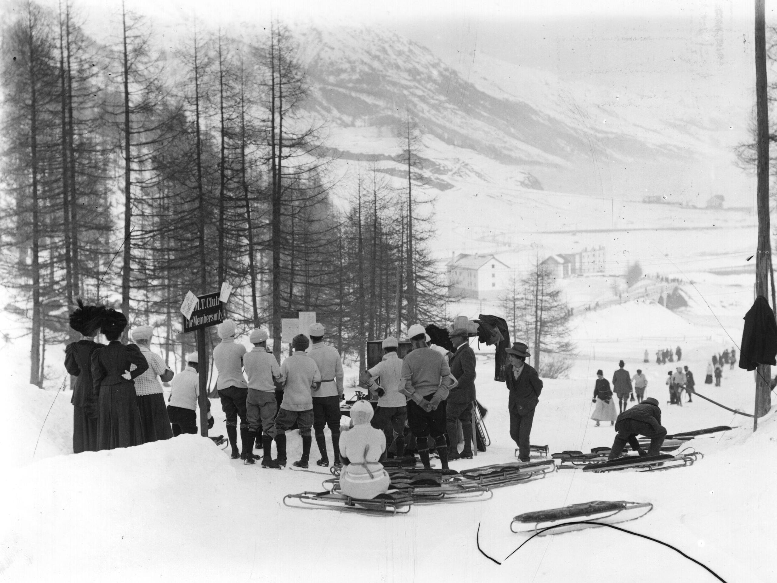 Skeleton competitors with their toboggans at the start of the Cresta Run, 1908.