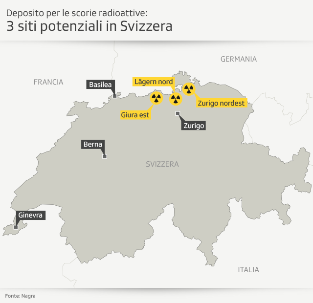 mappa della svizzera che mostra i tre siti selezionati per il deposito delle scorie