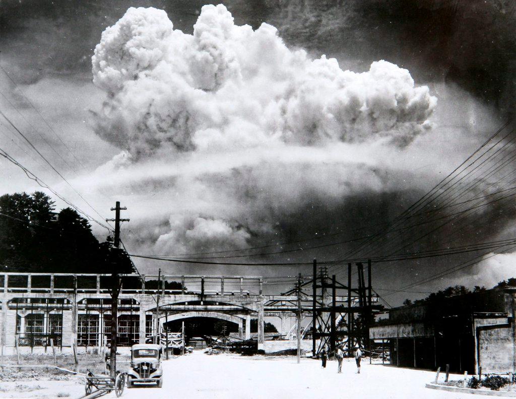 A mushroom cloud photographed from the ground on August 9, 1945 after the US dropped an atomic bomb on Nagasaki, Japan