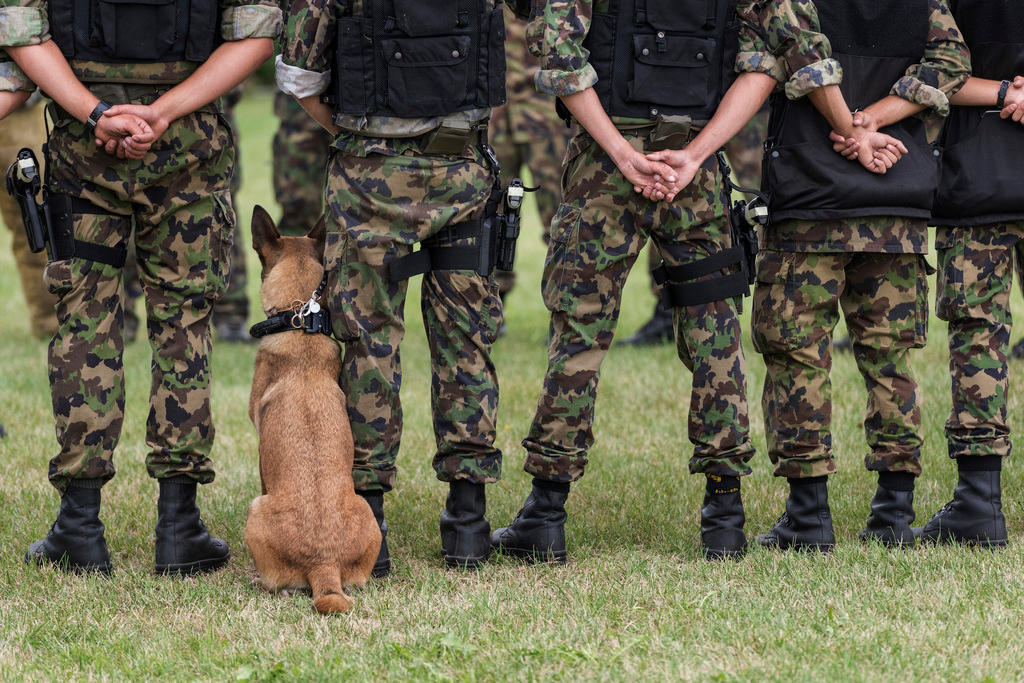 軍服を来た兵士たちとガード犬