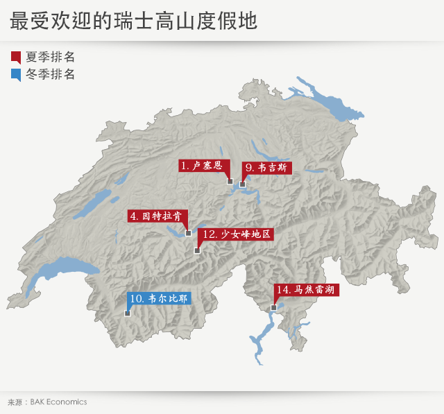 最受欢迎的瑞士高山度假地地图