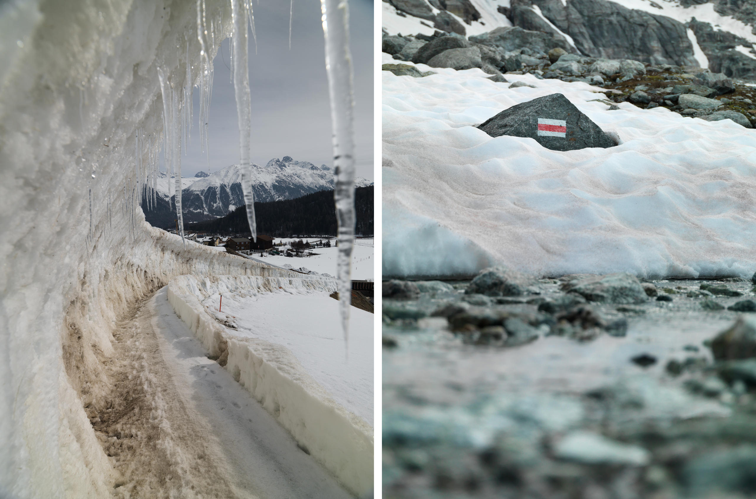 Schmelzende Bobbahn, Wanderzeichen ragt aus Schnee