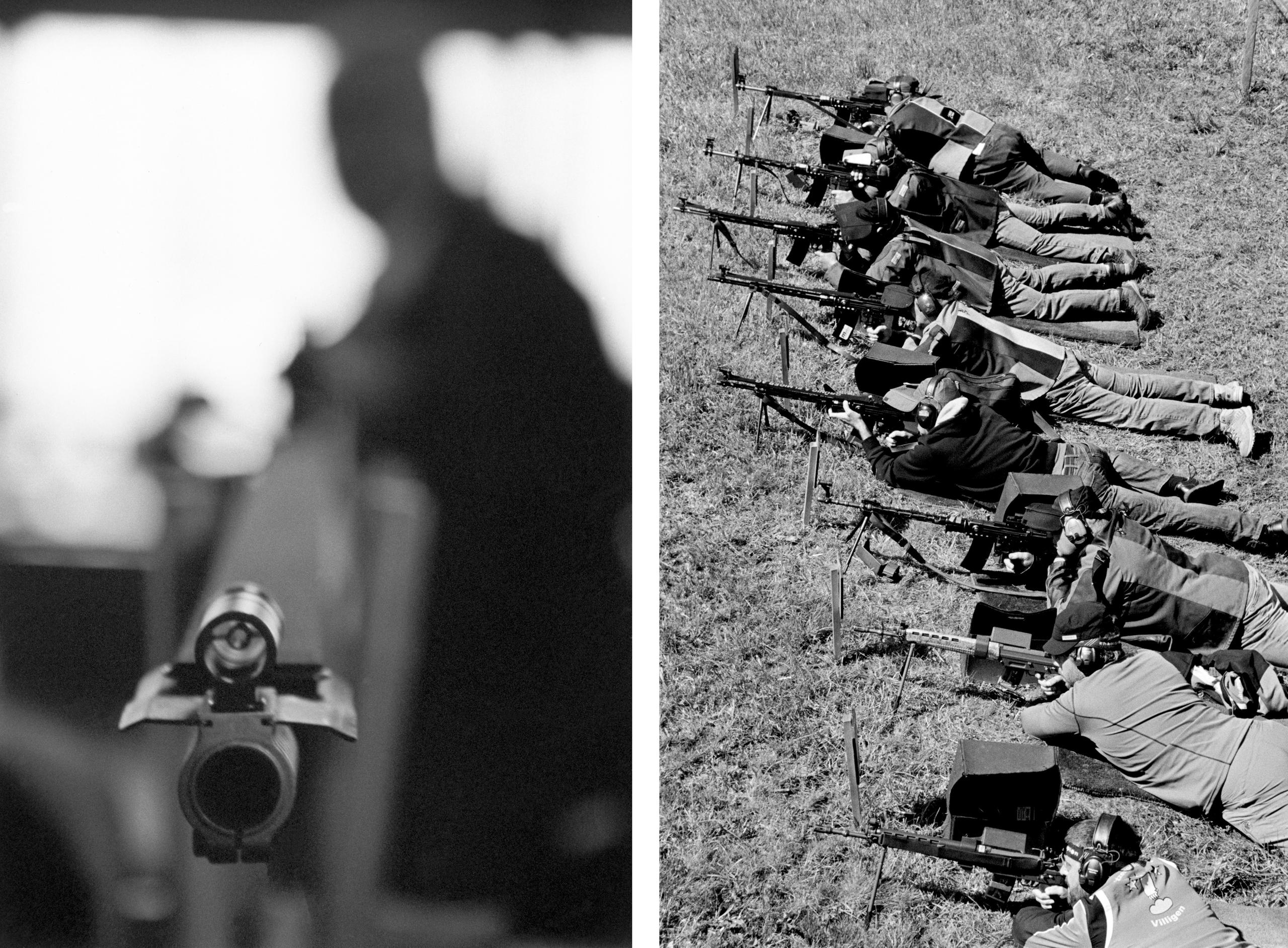 Dos fotos: un rifle en una y un grupo de personas en posición de tiro. en la segunda.