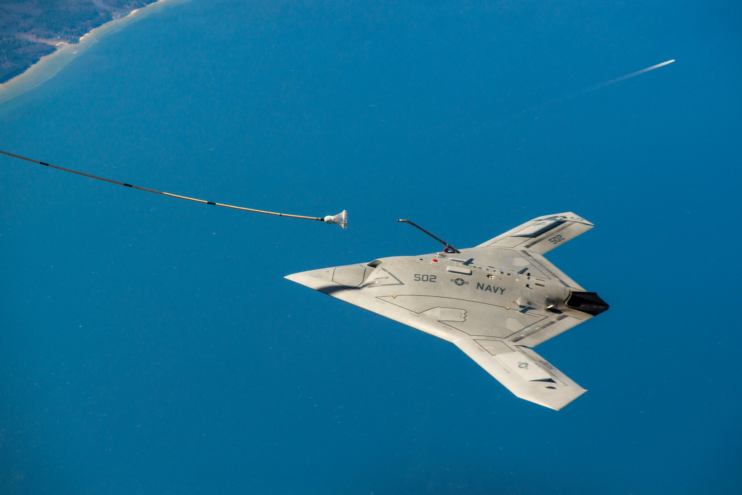 The US X-47B unmanned autonomous aircraft being tested in 2015