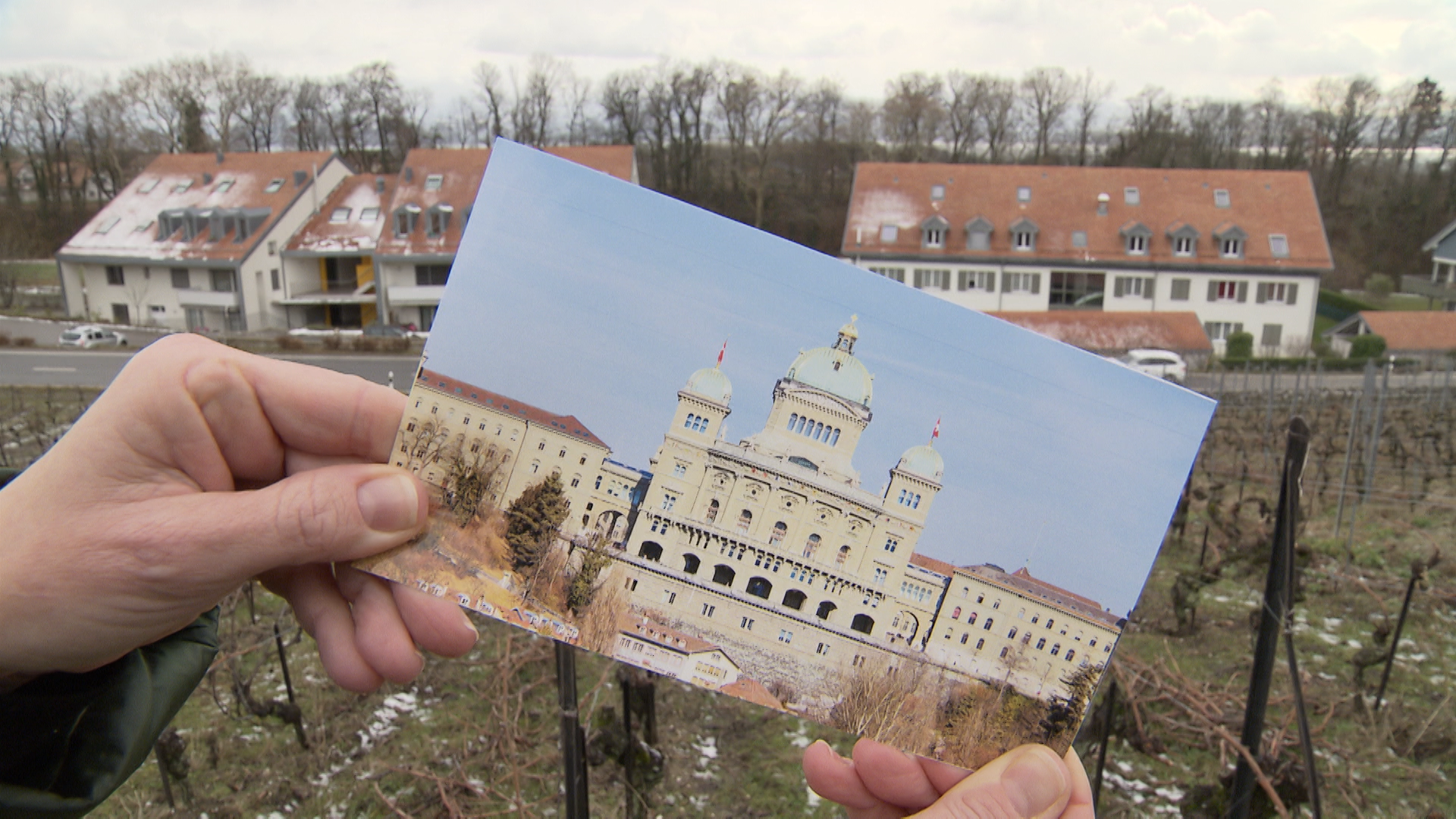 Hands holding photo of parliament building
