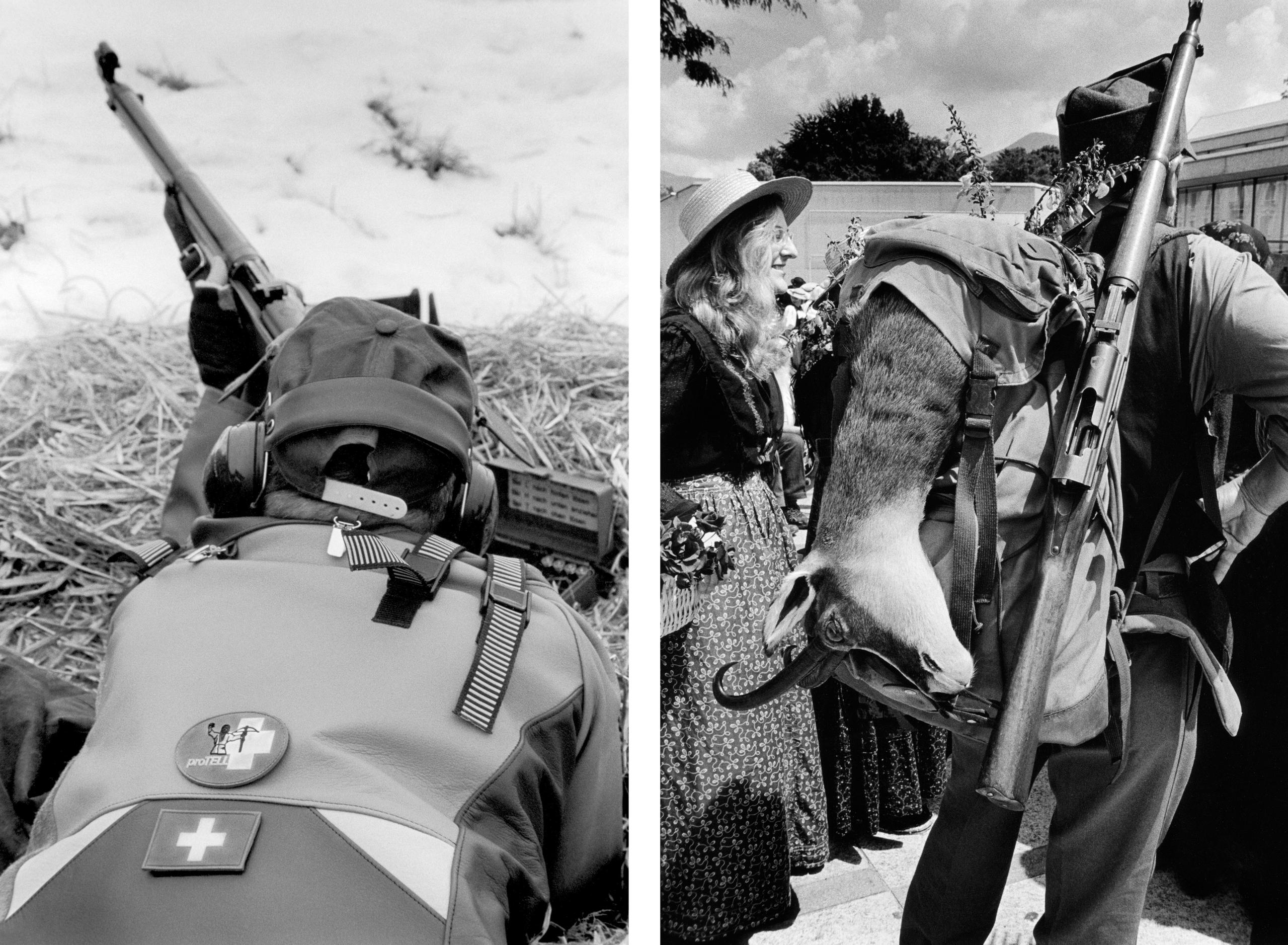 Dos fotos: un hombre en posición de tiro y un cazador con la parte superior de una gamuza en su mochila.