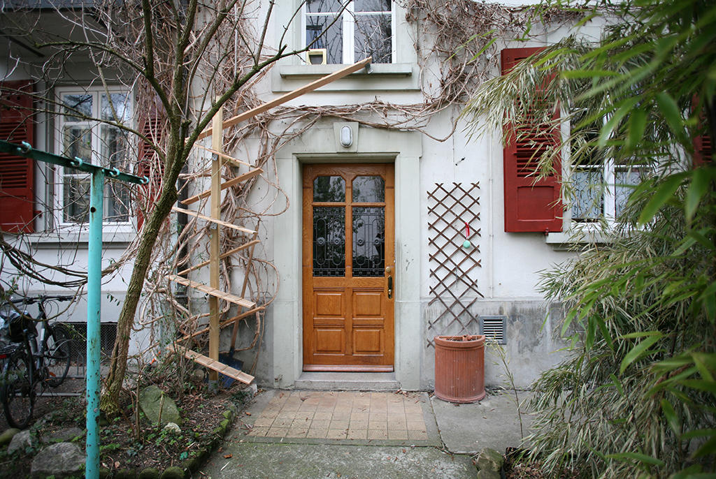 Eine in einem Baum versteckte Katzenleiter führt zu einem Fenster über einer Haustüre.