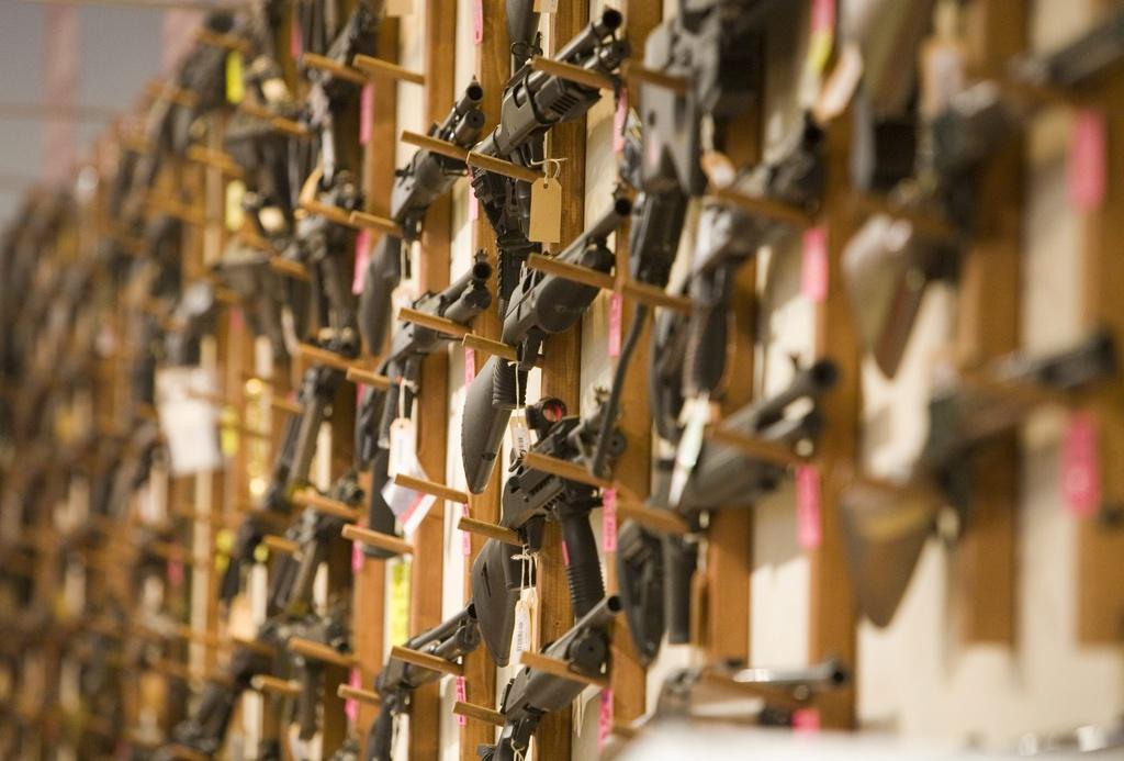 Officer inspecting a container with seized guns