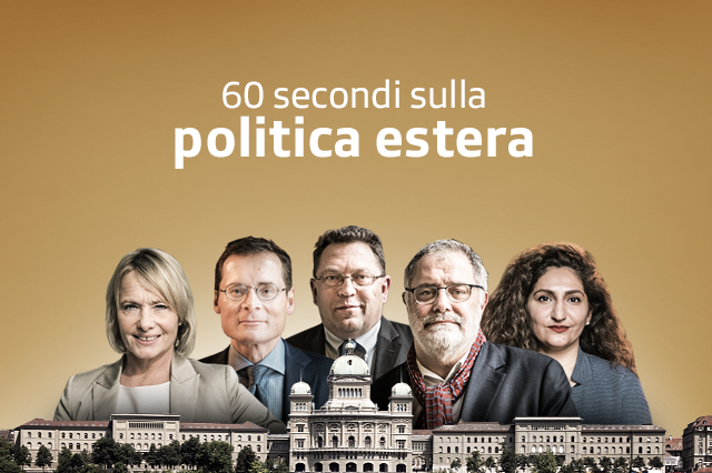 I volti allineati di 5 persone (due donne sui due lati e tre uomini al centro) e sotto di loro il Palazzo federale.