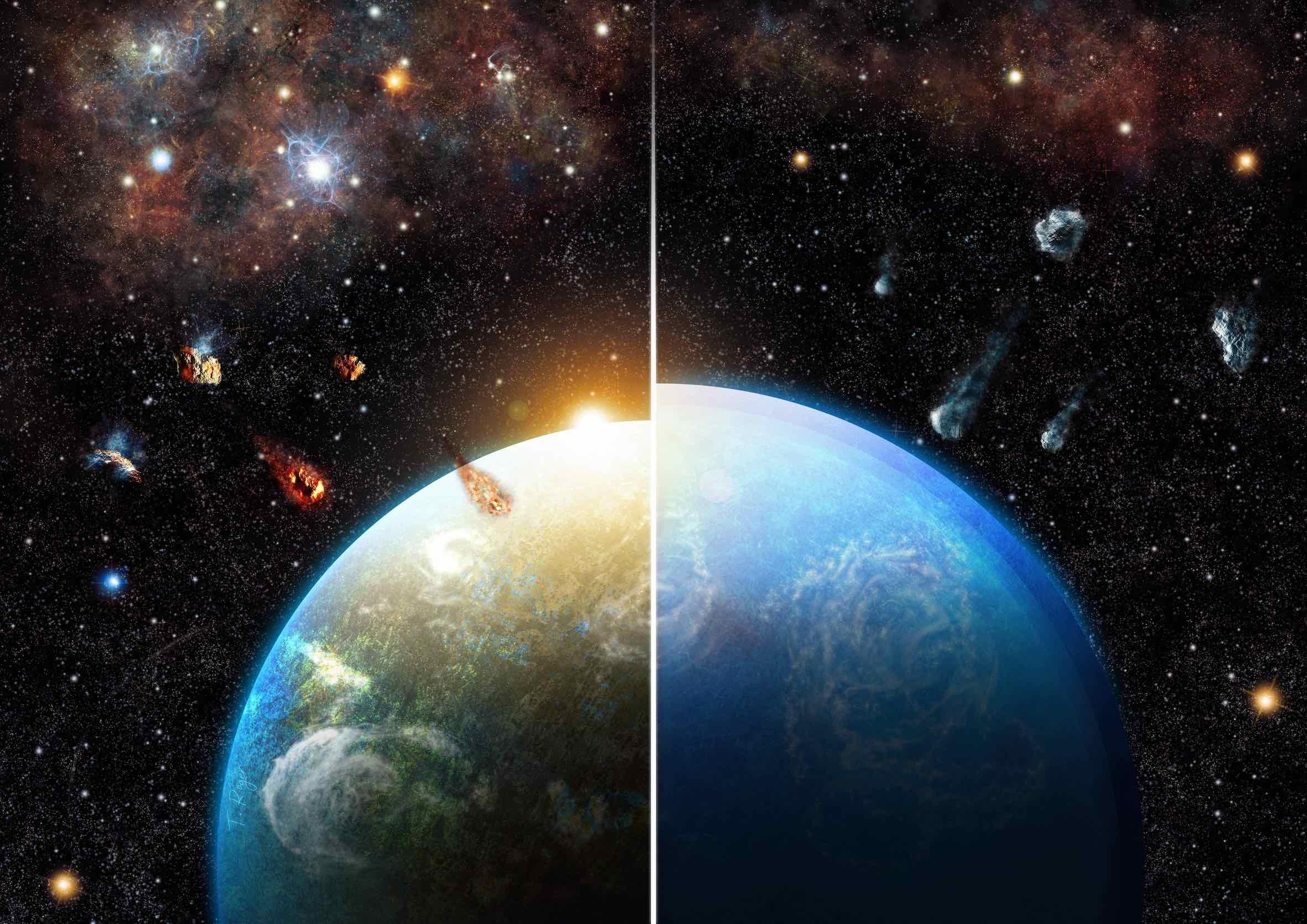 Trockener Planet (links) und Ozeanplanet (rechts)