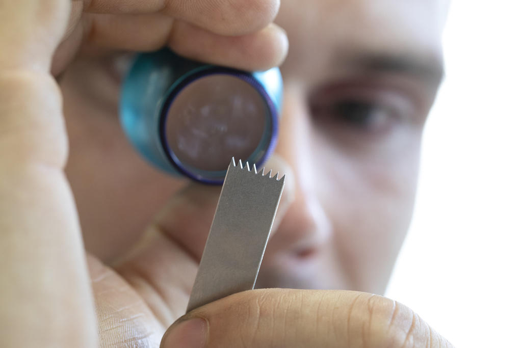 An oscillating surgical bone saw blade, made by Swiss company Gomina