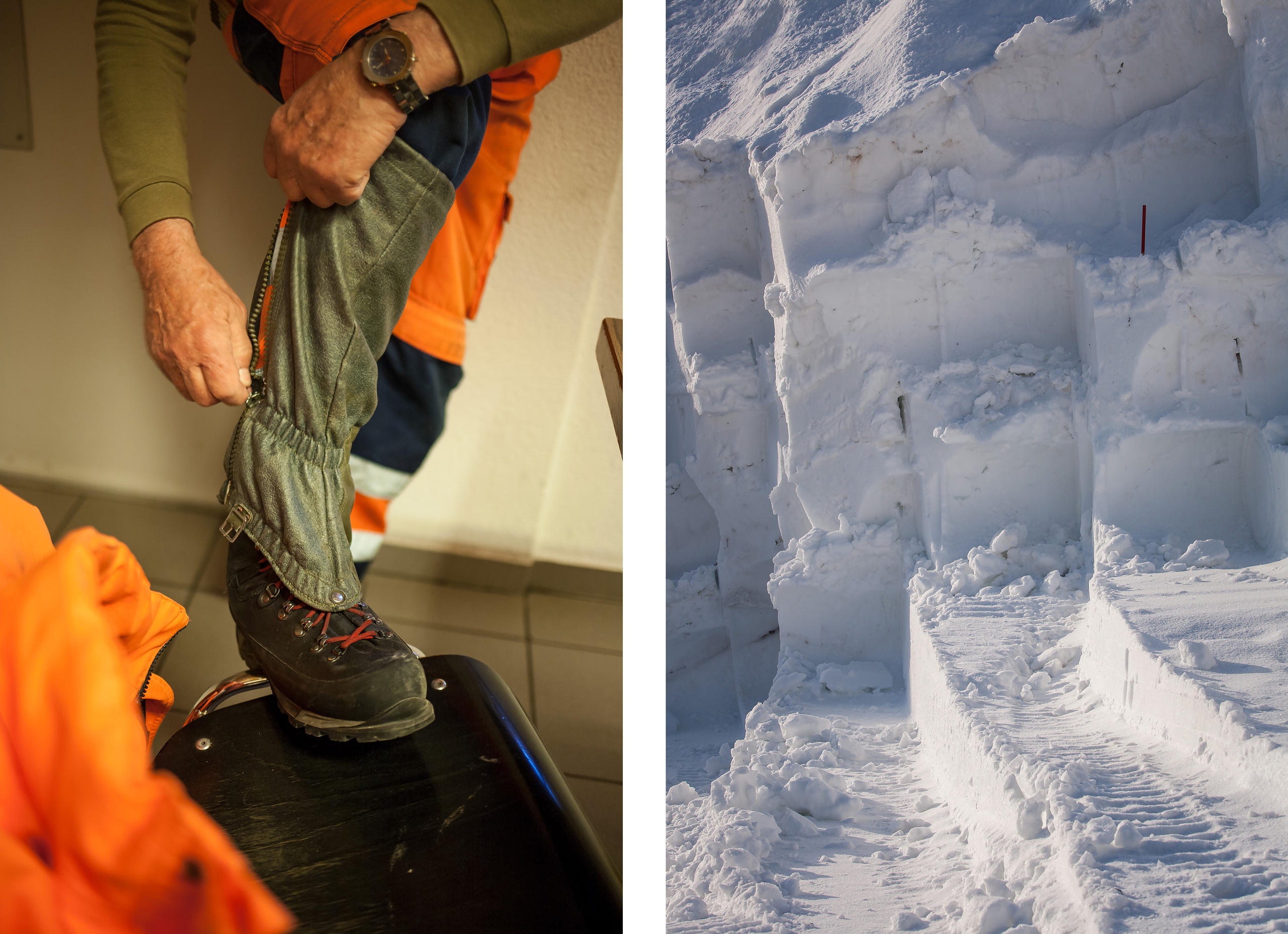 Ein Mann zieht Wandergamaschen an, rechts ein Bild einer Schneemauer mit Sägespuren