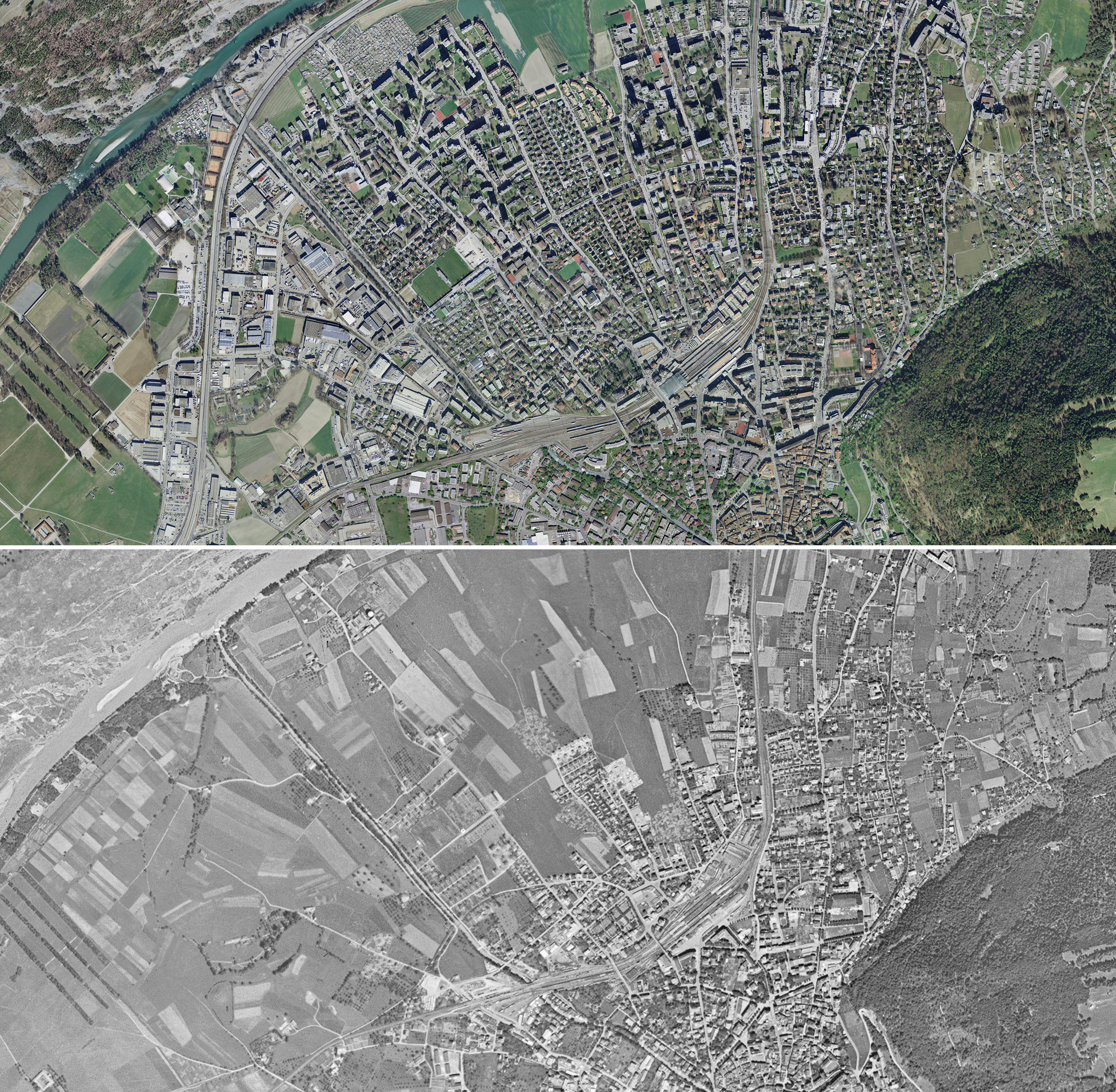 Aerial view of Chur above in 2014 and below in 1946