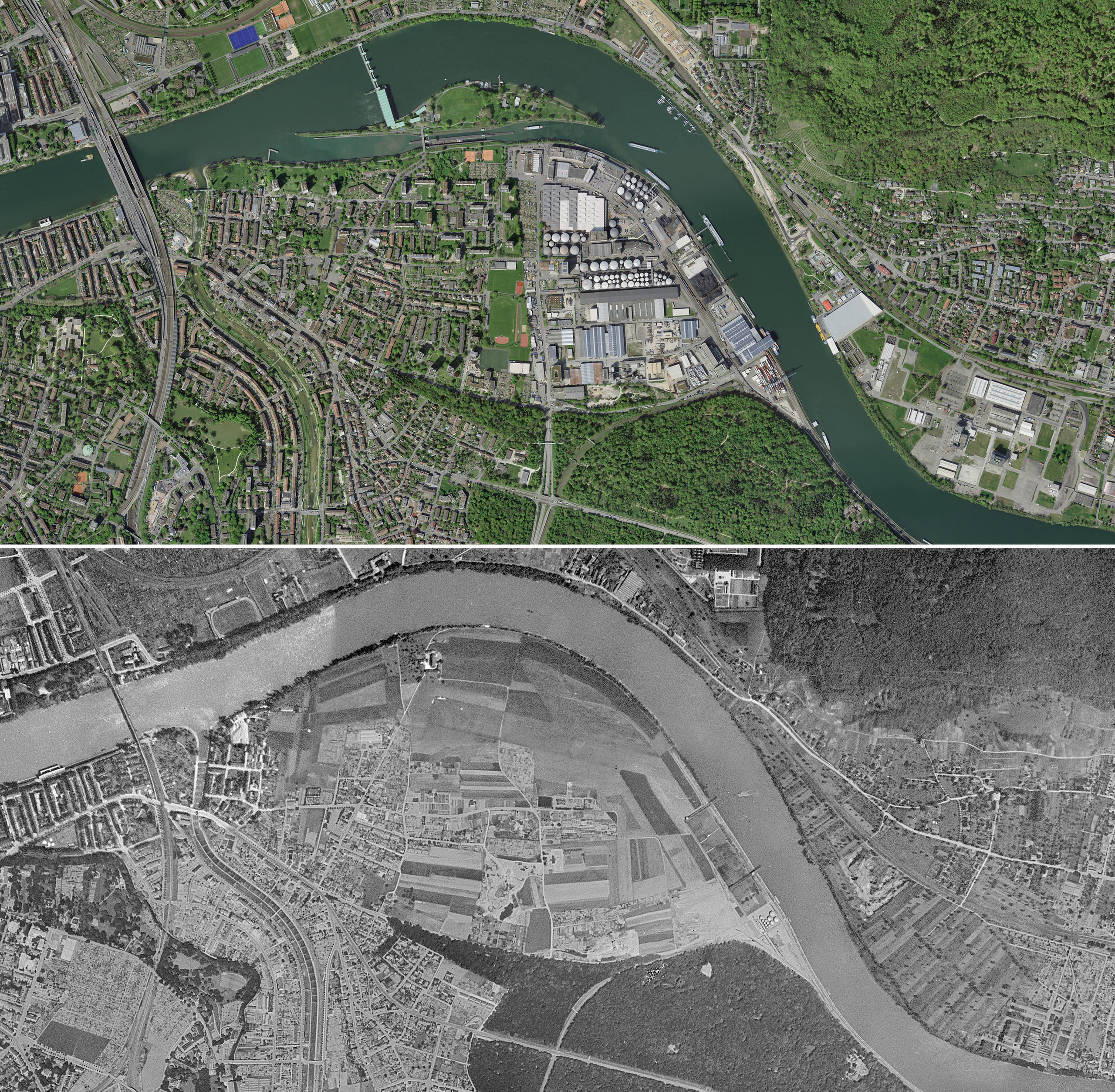 Aerial view of Birsfelden above in 2018 and below in 1946