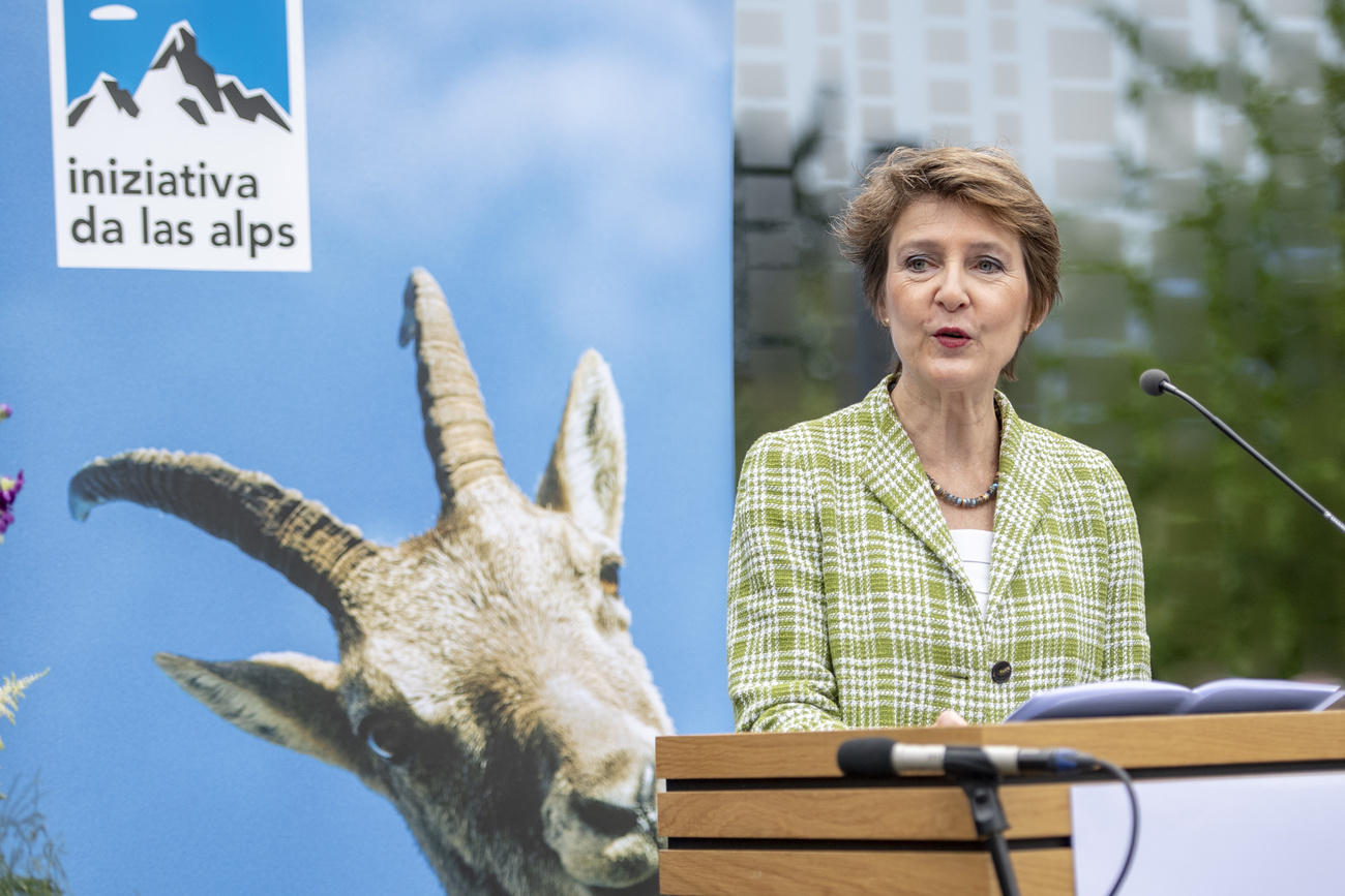 Transport Minister Sommaruga and poster of Alpine Initiative group