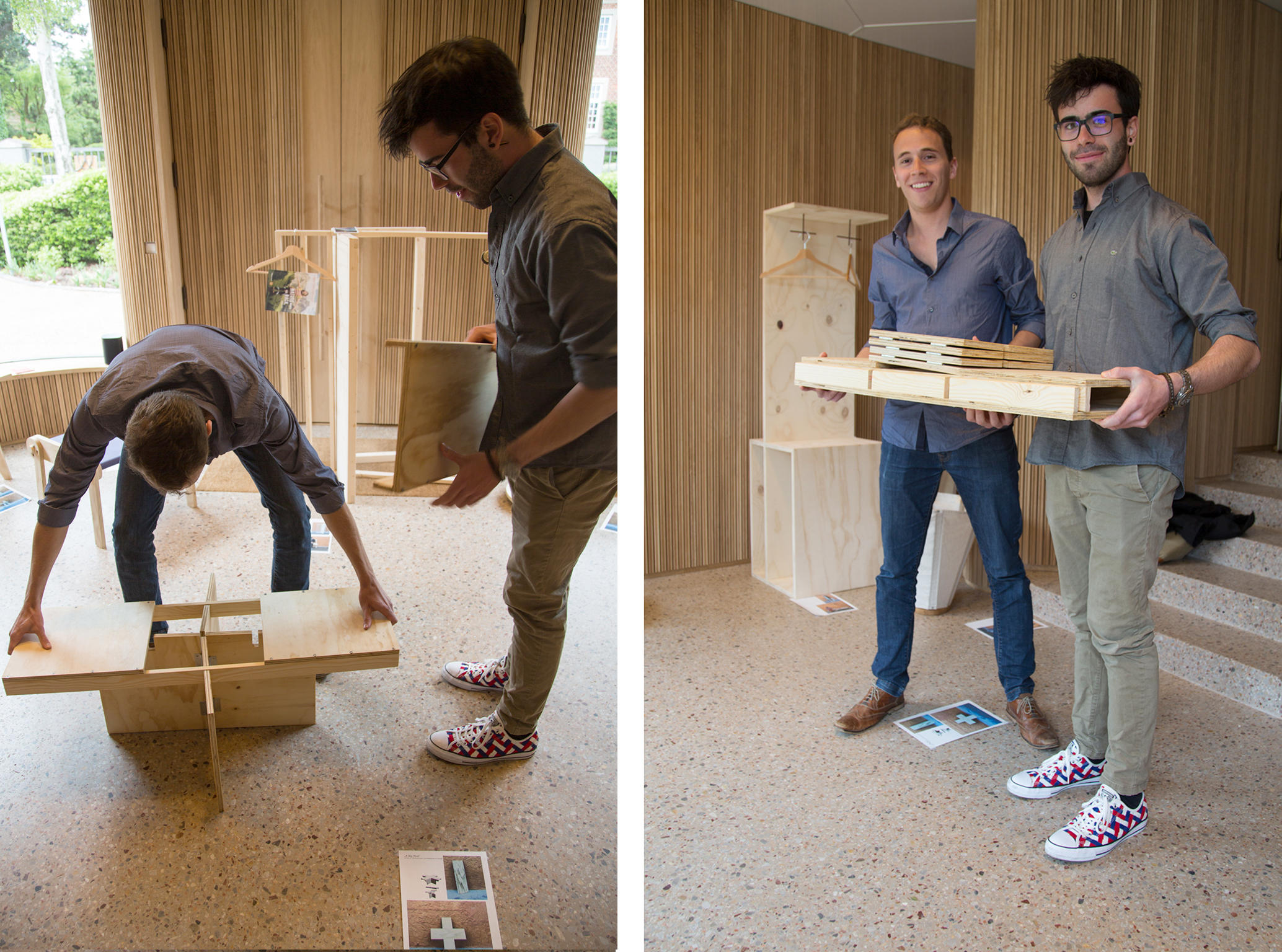 Schüler des BFH montieren einen Schweizer Holztisch.