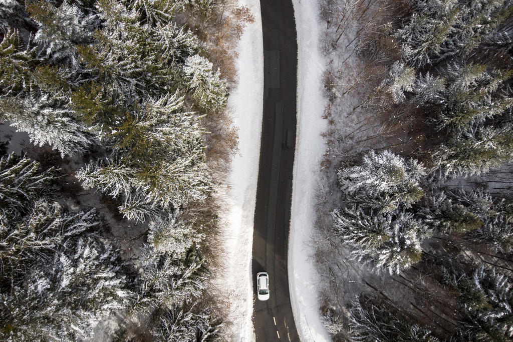 Car driving through snow-clad woodland area