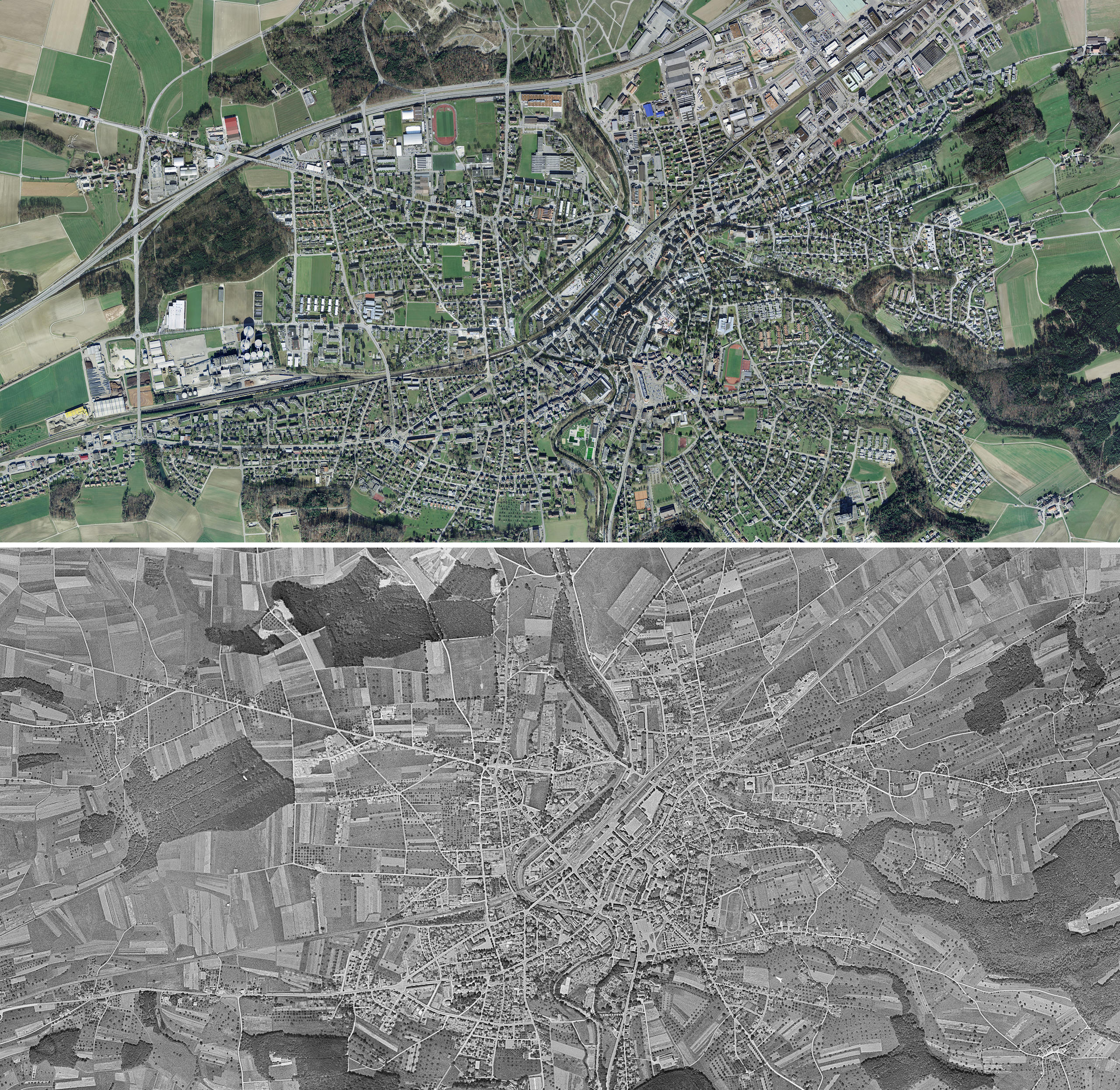Aerial view of Frauenfeld above 2014 and below in 1946
