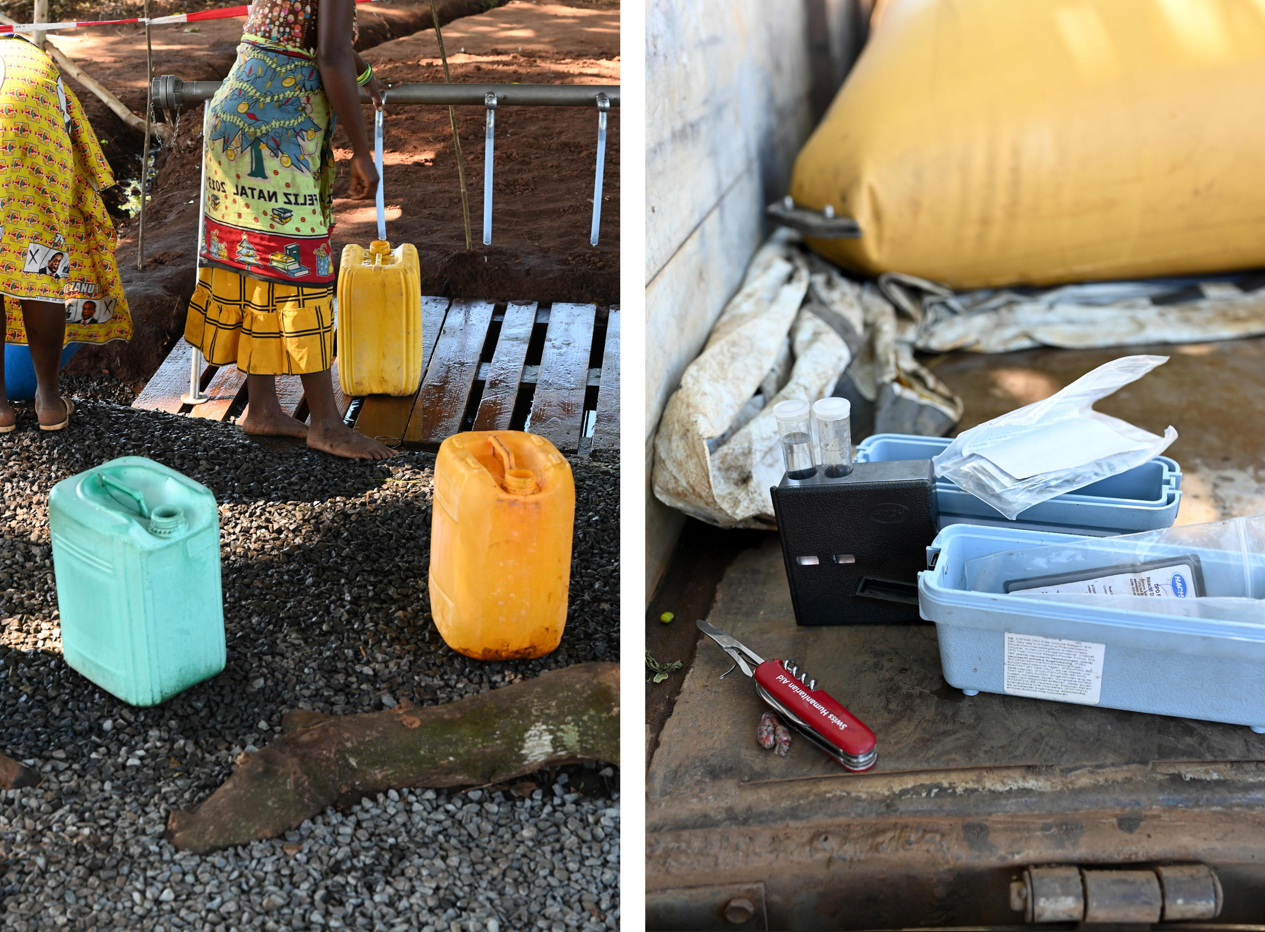 An einer Wasserstelle füllen Frauen ihre Kanister mit sauberem Trinkwasser (links). Kit zum Schnelltest der Wasserqualität.