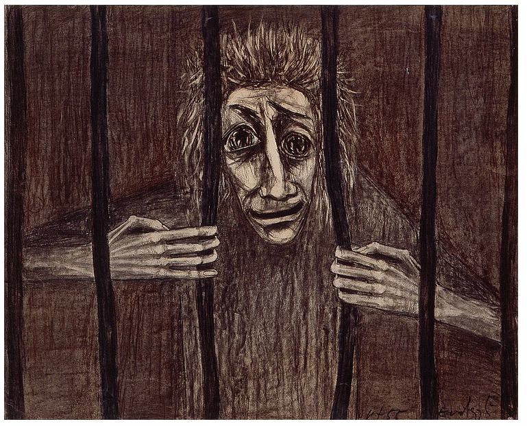 Düsters Bild von einer Person hinter Gittern