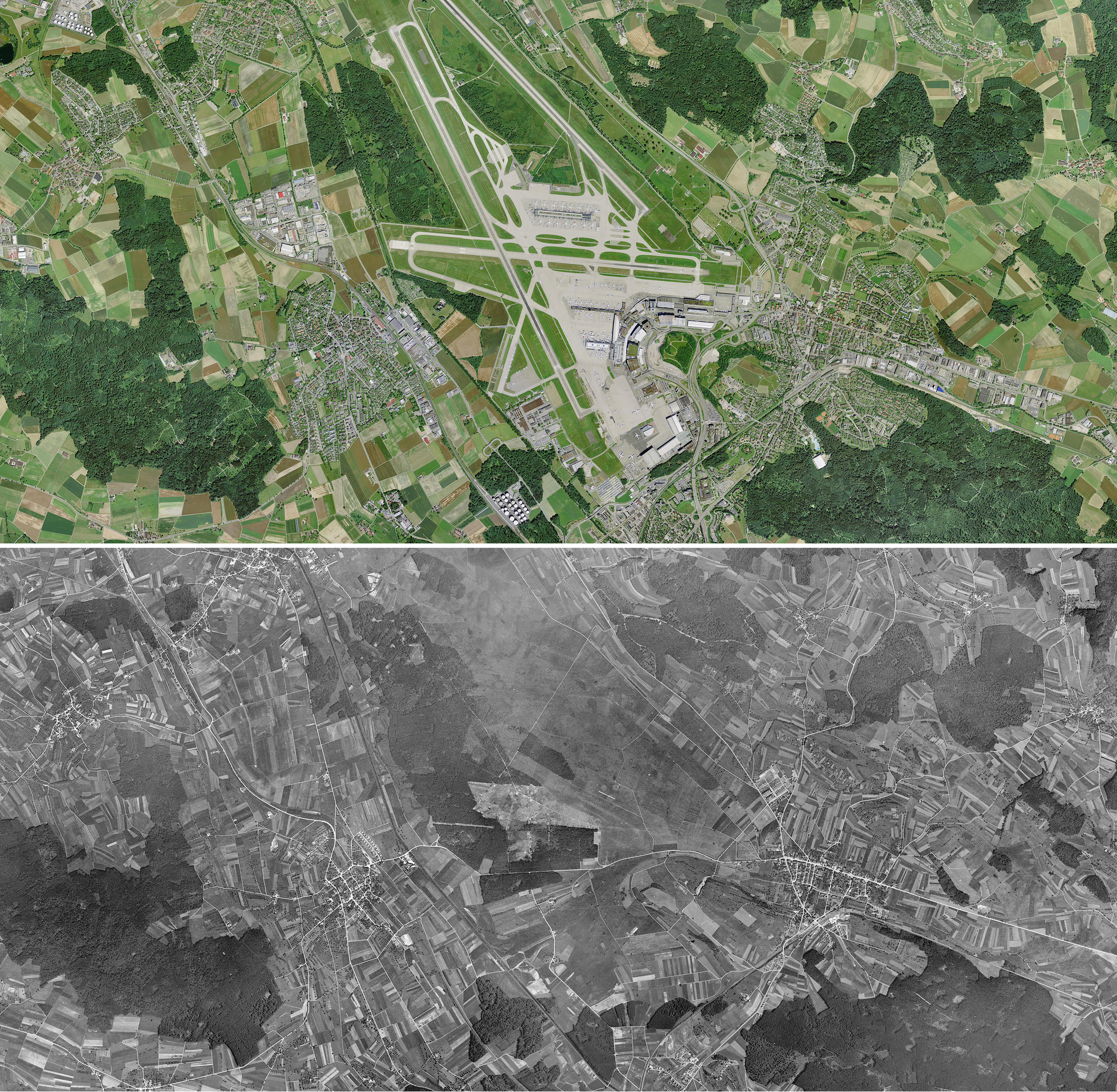 Aerial view of Kloten above in 2016 and below in 1946