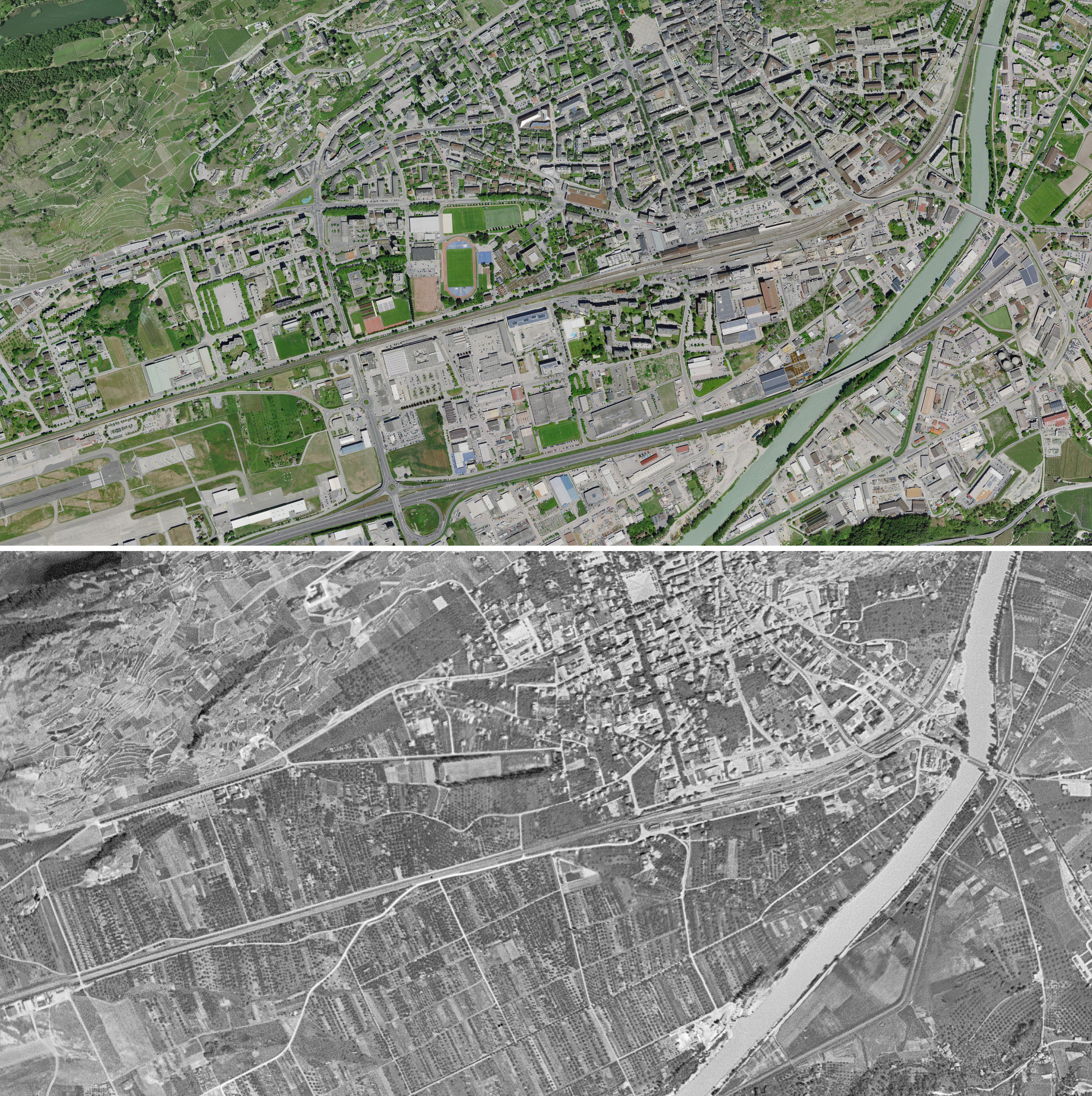 Aerial view of Sion above in 2017 and below in 1946