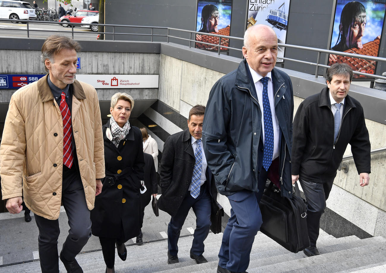 Members of the Swiss government and the cabinet staff at Zurich railway station