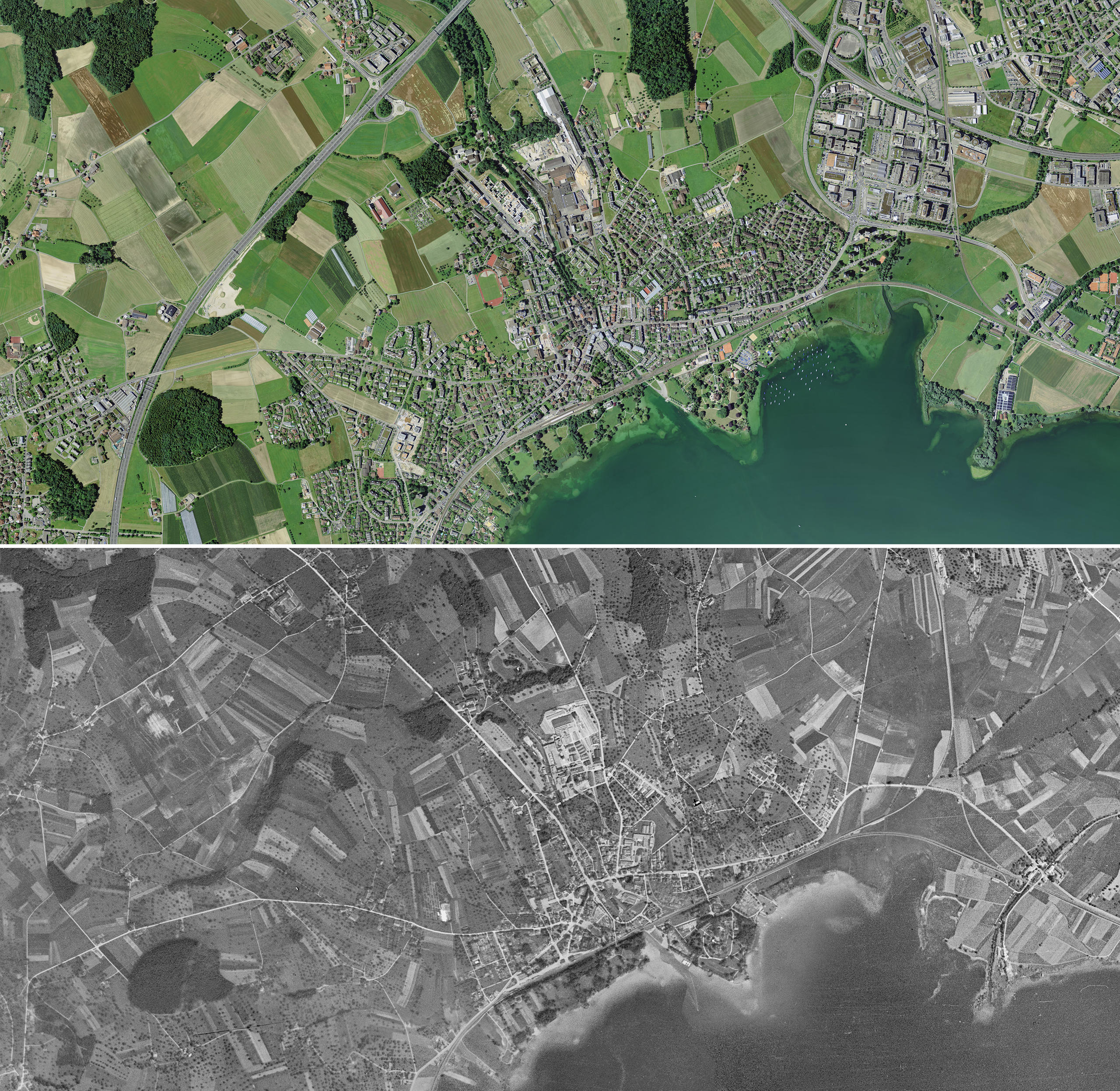 Aerial view of Birsfelden above in 2018 and below in 1946