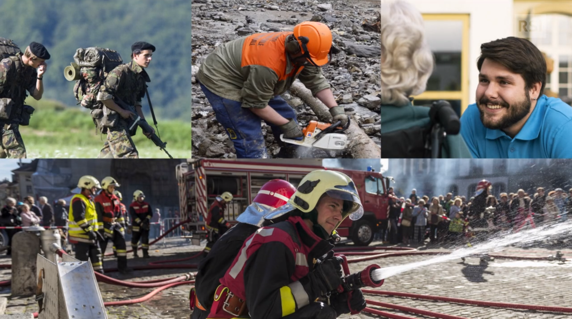 Collage di immagini che mostrano un militare, un milite della protezione civile, un assistente di cura, e dei pompieri