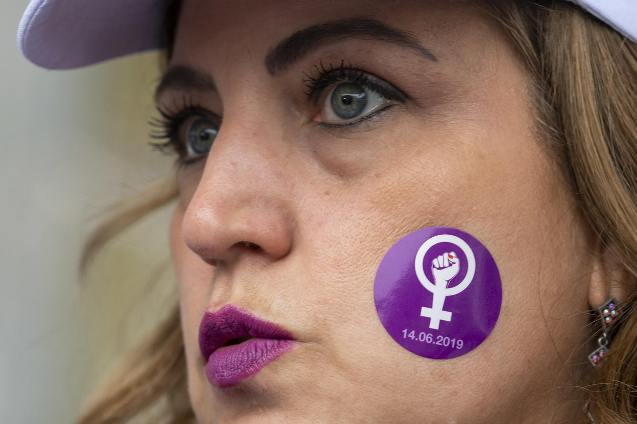 women with logo on face