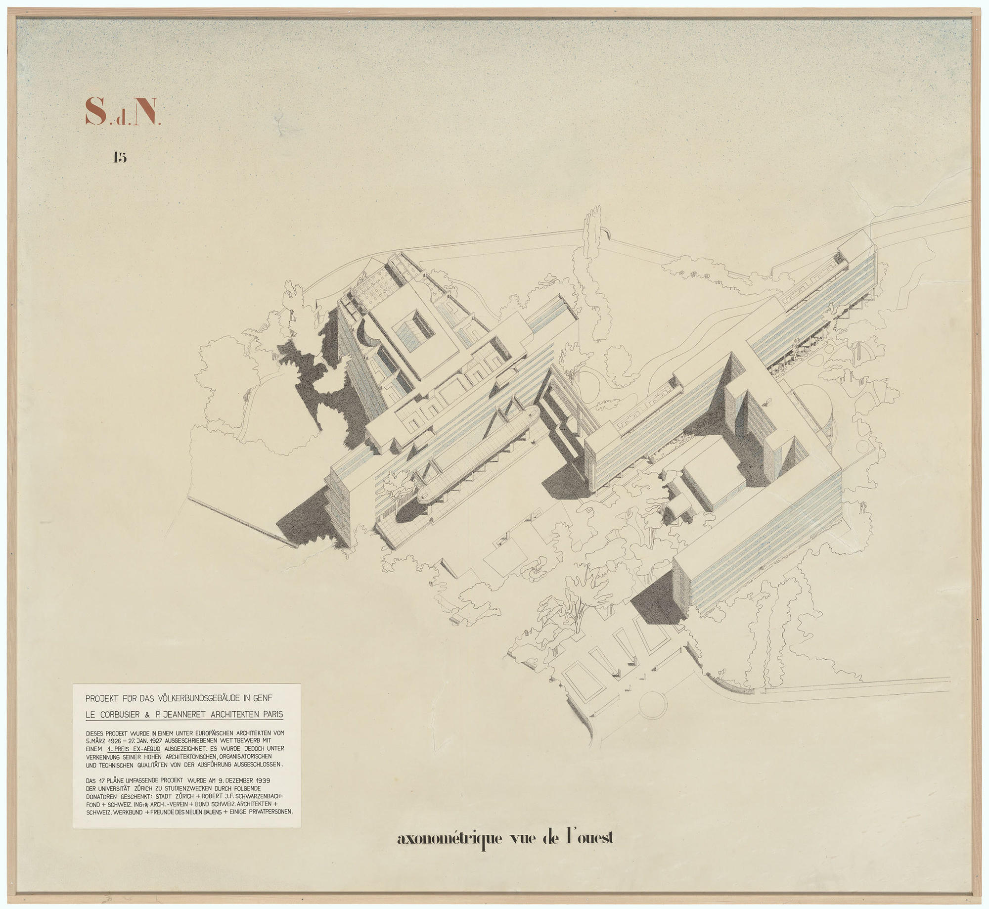 建築家ル・コルビュジエによるパレ・デ・ナシオンの完成予想図。ル・コルビュジエの作品は当時開催されたコンペで1位に輝いたが、最終的にはジュネーブ州当局によって却下された