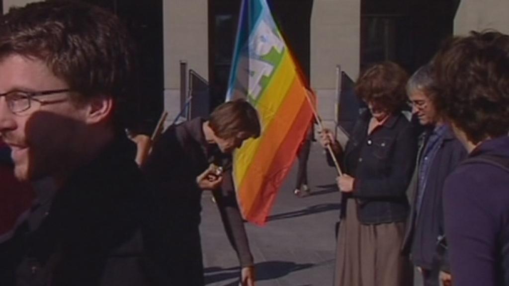 Protesters with a peace flag in front of the Federal Parliament