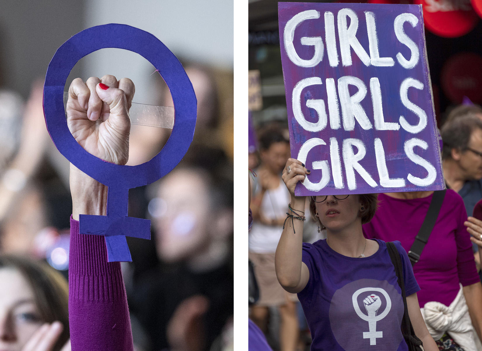 Un puño y el símbolo femenino, una mujer con un cartel que dice chicas, chicas, chicas
